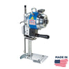 A straight knife cutting machine, predominantly silver and blue in color, with a label indicating the brand Eastman and a 'Made in USA' flag.